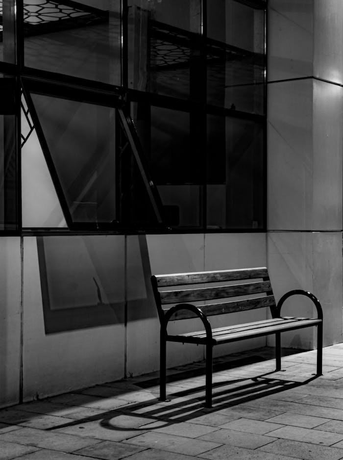 A solitary bench set against a city building in monochrome night lighting.