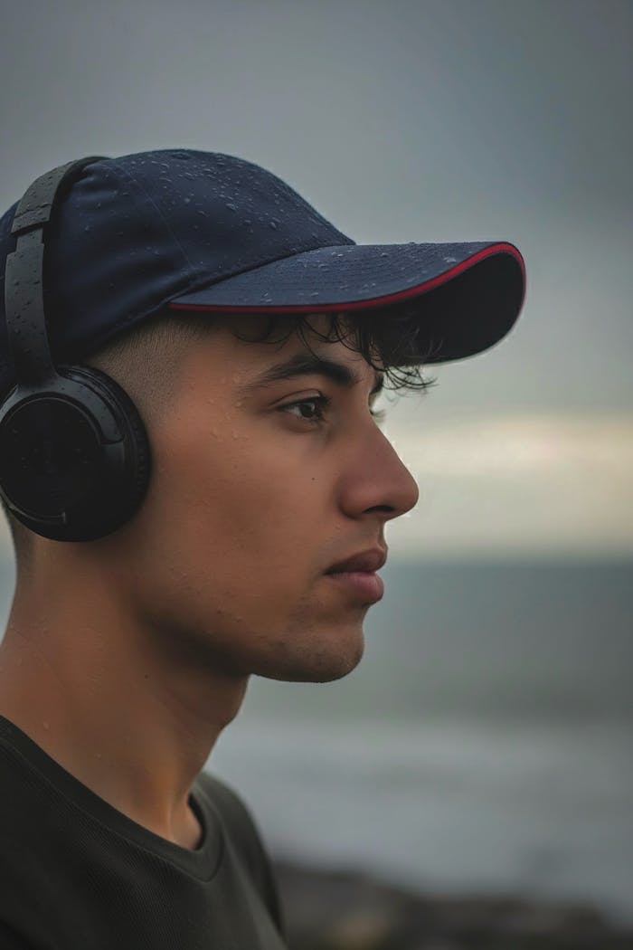 Side profile of a young man wearing headphones near the ocean, capturing a calm and introspective mood.